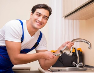 Young repairman working at the kitchen