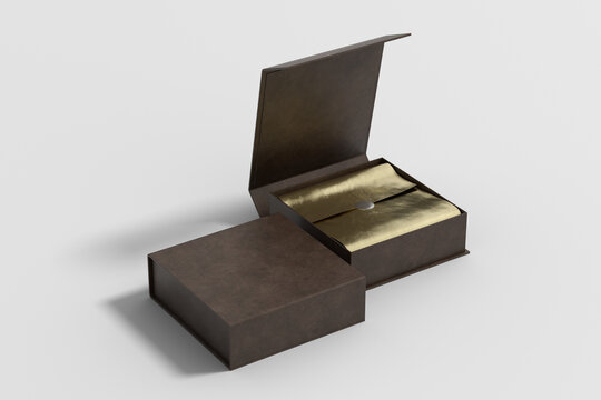 Leather opened and closed square folding gift box mock up with gold wrapping paper on white background. Side view.