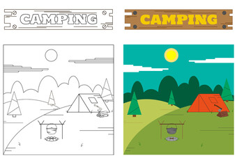 Fototapeta premium Camping with tent in color and line-art style