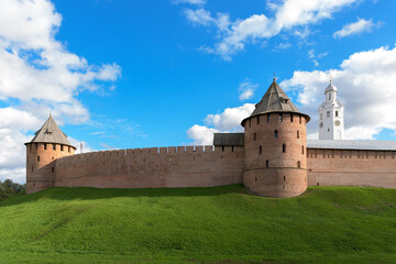 Red brick fortress walls of Kremlin of Novgorod. Veliky Novgorod,