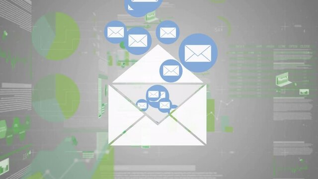 Animation of email icons over digital data on grey background
