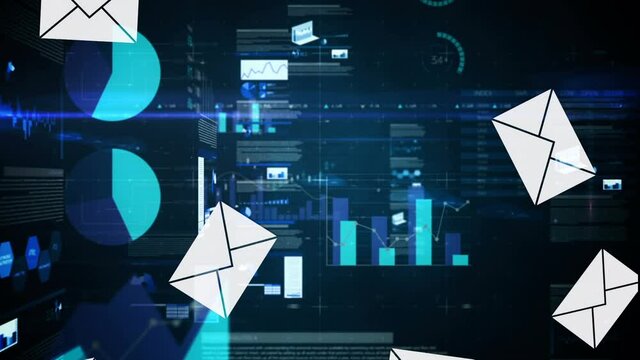 Animation of email icons floating over moving screen with digital data on black background
