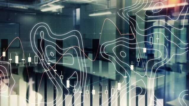 Animation of isohypses and statistic graphs moving over business office