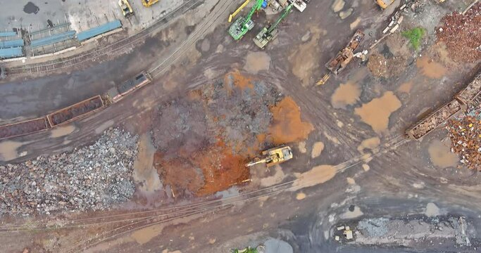 Aerial view industry recycle old machine technician separate classification part of irons metals