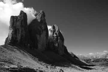 Beautiful shot of the Drei Zinnen Nature Park in Sexten, Italy in grayscale