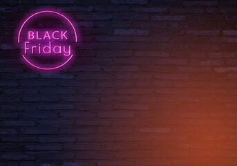 BLACK FRIDAY TAG IN NEON ON A BLUE BRICK WALL BACKGROUND WITH ORANGE DEGRADER