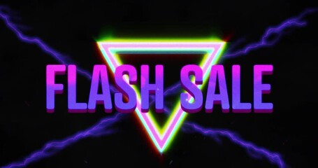Animation of flash sale text and neon triangle on black background - Powered by Adobe