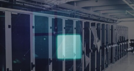 Animation of loading ring over data processing and server room - Powered by Adobe