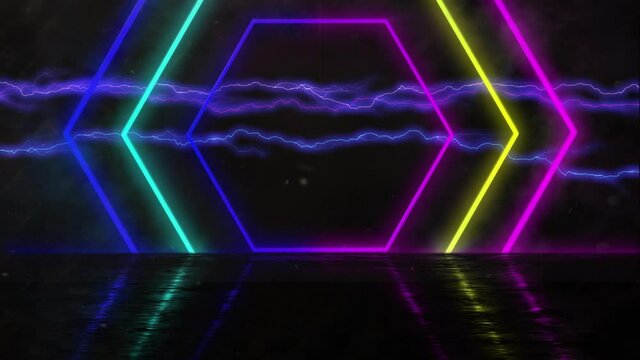 Animation of neon shapes over lightnings on black background