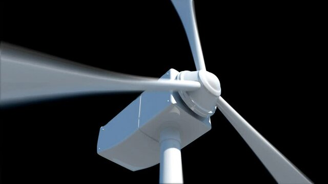 Animation of wind turbine and clouds of smoke on black background