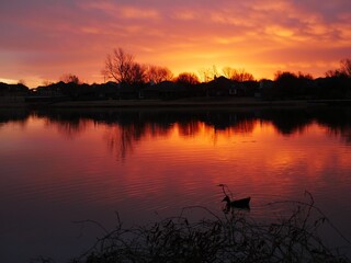 Sunset reflected in the lake on a winter day