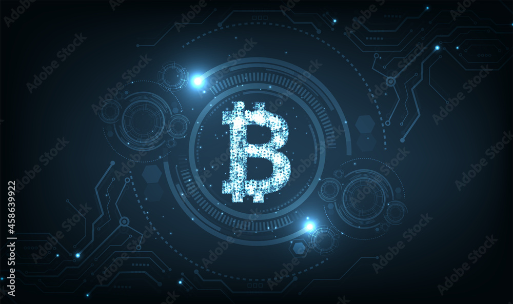 Aufkleber symbol bitcoin on dark blue tech circuits background.digital crypto currency symbol.vector illustrat