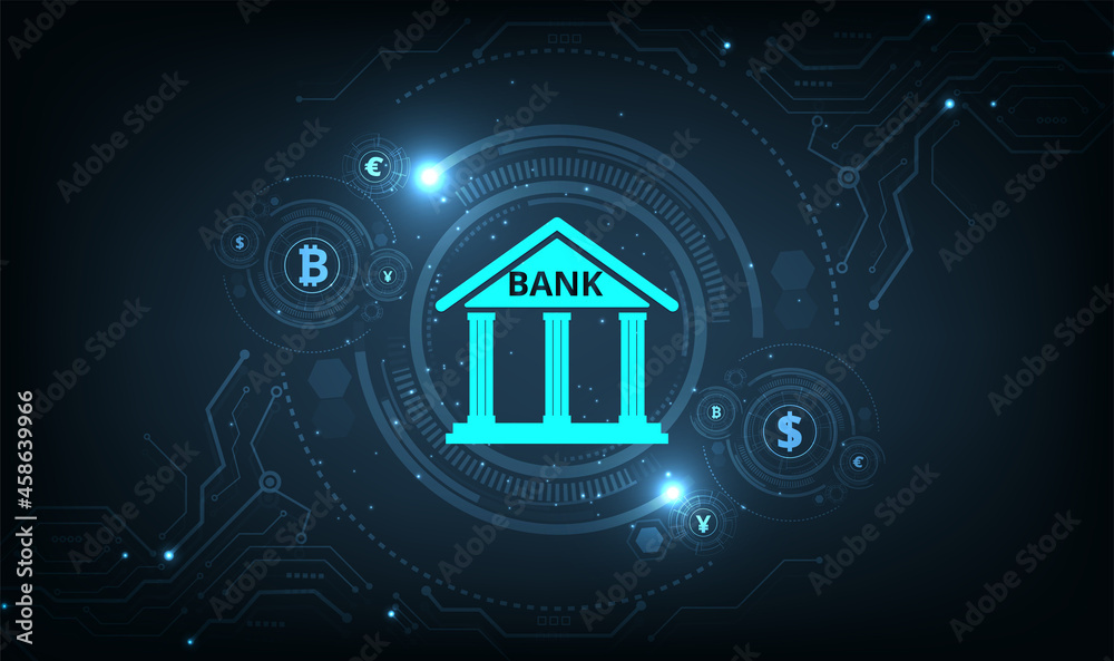 Poster banking technology concept.isometric illustration of bank on dark blue technology background. digita