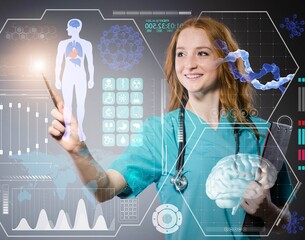 Doctor in futuristic medical concept pressing button