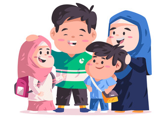 Muslim Islam couple parents together with children with schoolbag go back to school in elementary primary happy family woman wearing scarf hijab