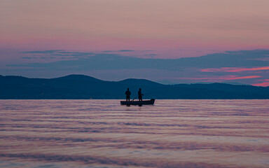 Italy Lake fishing, Italy sunrise, sunset, Fishing silhouette, water, sky, beach, sunrise, landscape, bridge, lake, nature, sun, clouds, travel, orange, purple, boat, horizon, peaceful, summer