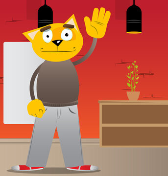 Funny cartoon cat with waving hand. Vector illustration. Cute orange, yellow haired young kitten.