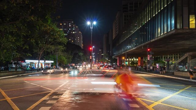Zoom out timelapse view of night traffic on Paulista Avenue (Portuguese: Avenida Paulista) in Sao Paulo, the business and financial centre of Brazil and largest city in South America. 