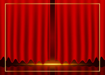 Stage curtains light. Realistic theater red dramatic curtains, Circus and movie. Design for holiday greeting card, banner, invitation