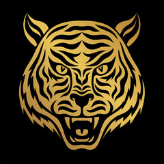 Front view of angry roaring toothy tiger face. Head of ferocious tiger black and gold portrait. Symbol of the 2022 Chinese New Year, wildlife sign vector illustration on black background