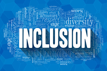 Inclusion typography illustration with a word cloud. Text with long shadows over blue background.