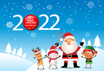 Merry Christmas and happy new year 2022 greeting card with cute Santa Claus, little elf, snowman and deer. Holiday cartoon character in winter season.