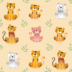 Cute tigers, cartoon vector seamless pattern for children. Print for textile, fabric, wallpaper, paper.