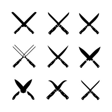 Set of Crossed Knives icon vector design. Crossed Knives and meat cleavers isolated on white background.