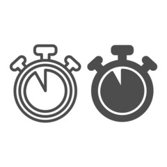 Stopwatch with buttons, 55 seconds, timer, chronometer line and solid icon, time concept, clock vector sign on white background, outline style icon for mobile concept and web design. Vector graphics.