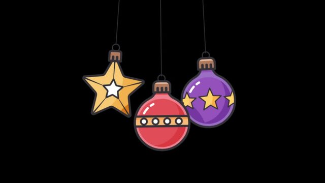 Christmas Bauble and Stars hanging animation. Christmas ornaments, baubles, bulbs or Christmas bubbles are decoration items, usually to decorate Christmas trees