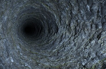 View down into a deep hole dug in the ground.  - obrazy, fototapety, plakaty
