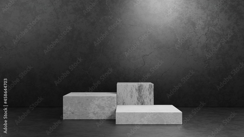 Poster cube concrete pedestal podium on dark grey concrete studio room background for presentation template