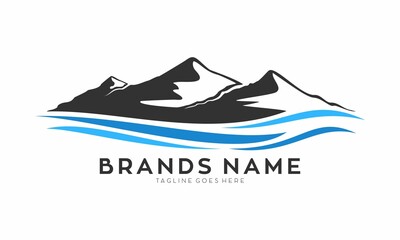 Adventure volcano with sea wave vector logo