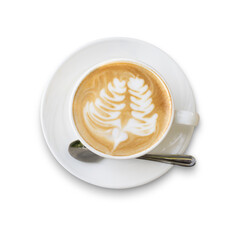 Top view of Latte coffee or cappuccino coffee in white cup with beautiful latte art isolated on white background. Clipping Path Included