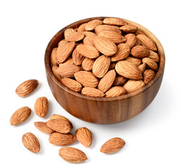 almond nuts in the wooden bowl, isolated on the white background