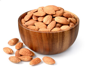 almond nuts in the wooden bowl, isolated on the white background - 458648156