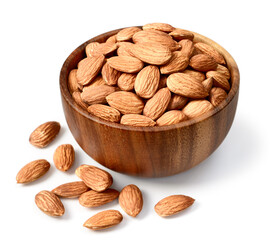 almond nuts in the wooden bowl, isolated on the white background