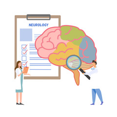 A lady doctor reading document, a doctor holding magnifying glass zoom at brain, with elements of neurological document in background 