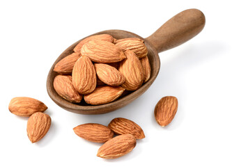 almond nuts in the wooden spoon, isolated on the white background