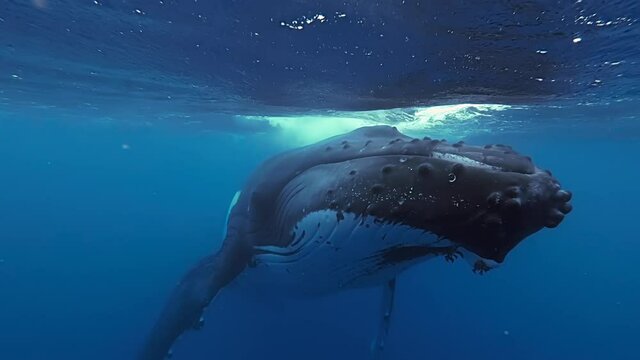 Close up near head, mouth of Humpback Whale floating near surface before diving.
