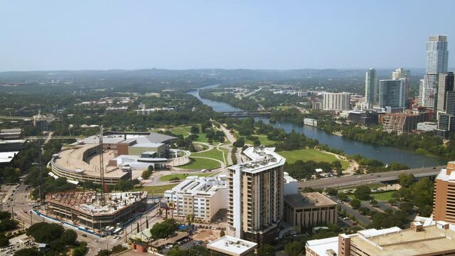 Downtown aerial view Austin Texas south of Lady Bird Lake, drone 4K