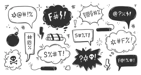 Fotobehang Swear word speech bubble set. Curse, rude, swear word for angry, bad, negative expression. Hand drawn doodle sketch style. Vector illustration. © Polina Tomtosova