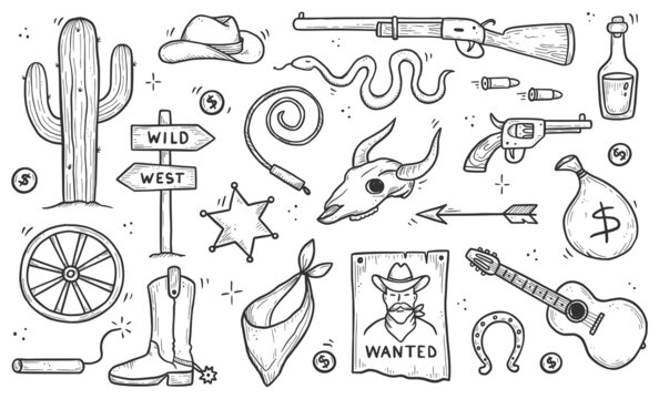 Cowboy western doodle set. Hand drawn sketch line style. Cowboy hat, cow skull, gun, cactus element. Wild west vector illustration.