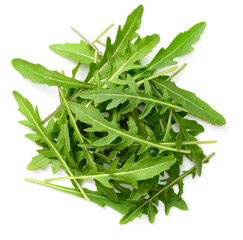 a pile of fresh rocket leaves isolated on white background, top view