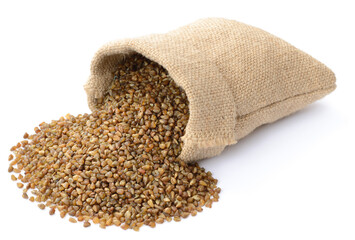 uncooked buckwheat in the sack, isolated on the white background