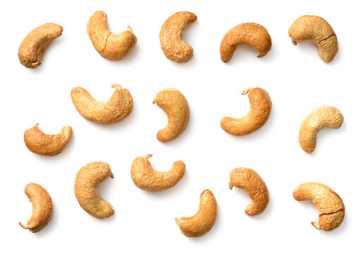 roasted cashew nuts isolated on the white background, top view