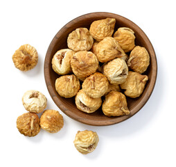 close up of dried fig fruits in the wooden bowl, isolated on the white background, top view