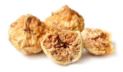 close up of half dried fig fruits isolated on the white background