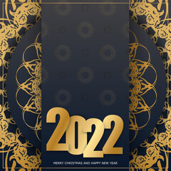 2022 Happy New Year Black Greeting Card with Vintage Gold Pattern