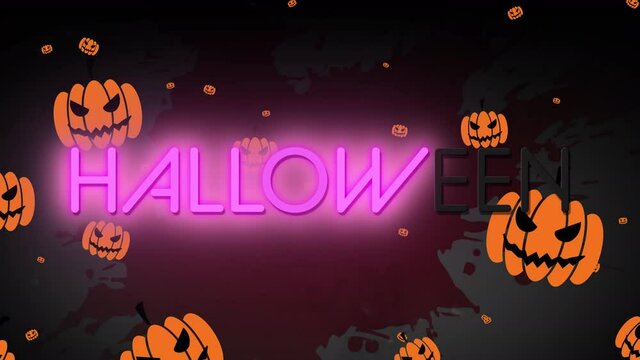 Animation of neon halloween greetings and floating pumpkins on black background